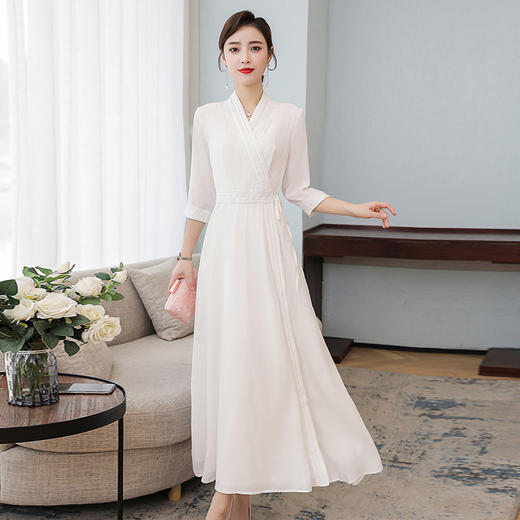 LF-LF9381(网红同款茶服)气质女神范收腰白色仙气古风连衣裙 商品图1
