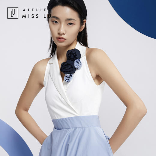 AtelierMissLu—蓝白拼色花朵装饰复古连身裙/0000608 商品图3