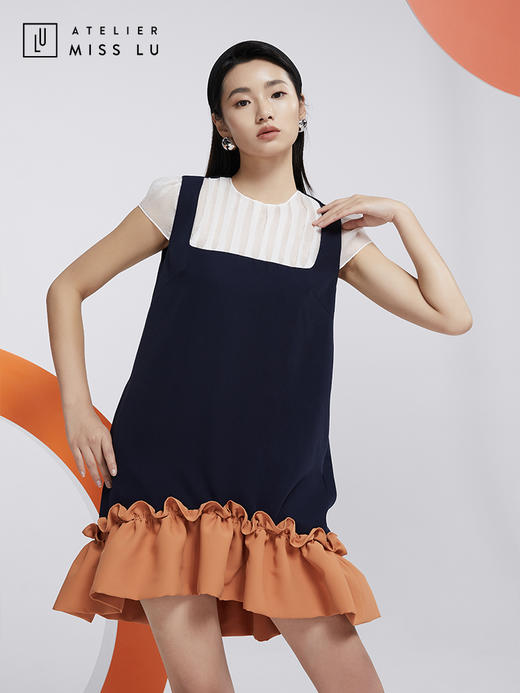 AtelierMissLu—蓝橘撞色趣味下摆连身裙/0000605 商品图0