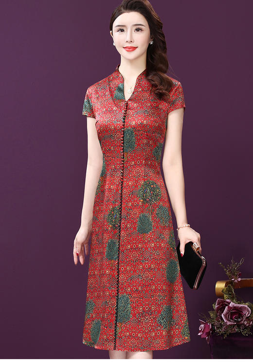 WXY-W-HF-023X新品中长款复古中国风碎花贵夫人真丝连衣裙 商品图1