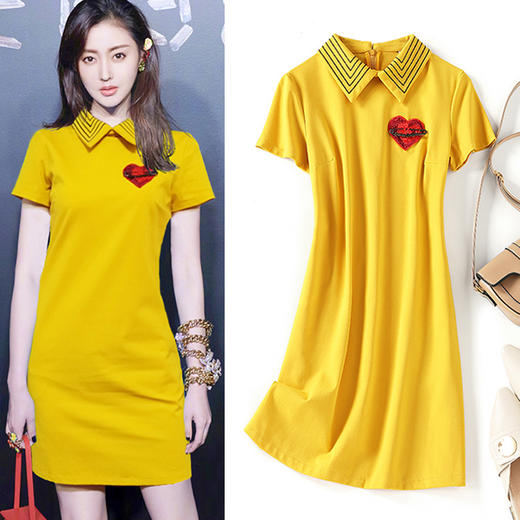 LS-LS0042601【明星同款】新款张天爱短裙爱心刺绣短袖减龄连衣裙 商品图0