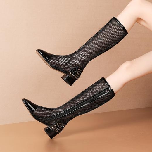 OLD-D1188铆钉镂空性感长筒网纱鞋复古罗马高筒凉靴 商品图0