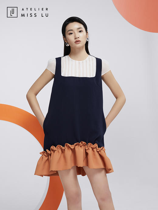 AtelierMissLu—蓝橘撞色趣味下摆连身裙/0000605 商品图5