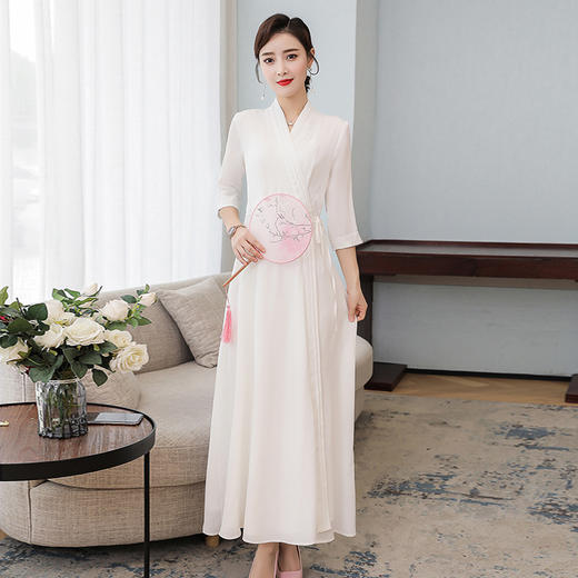 LF-LF9381(网红同款茶服)气质女神范收腰白色仙气古风连衣裙 商品图3