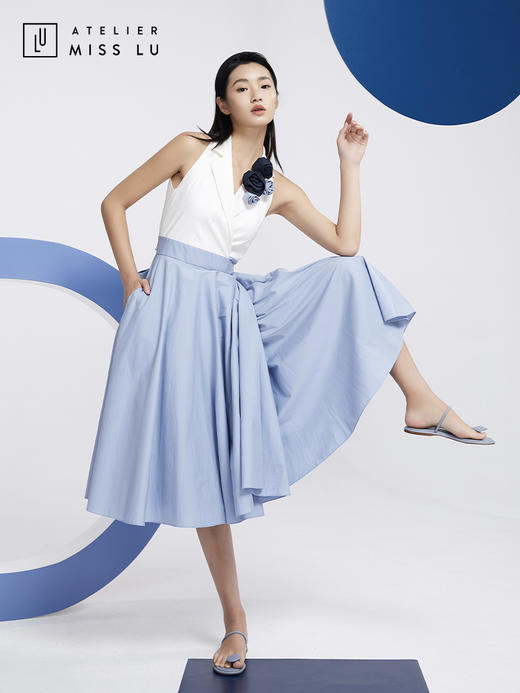 AtelierMissLu—蓝白拼色花朵装饰复古连身裙/0000608 商品图5