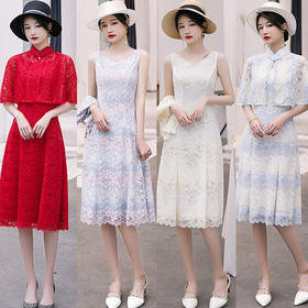 AXF-28新款披肩蕾丝中长旗袍气质显瘦改良旗袍两件套
