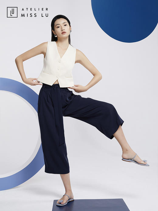 AtelierMissLu—藏青系带八分阔腿裤/00075 商品图0