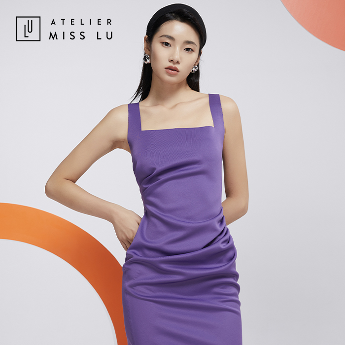 AtelierMissLu—浓郁紫方领褶皱修身连身裙/0000617