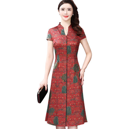 WXY-W-HF-023X新品中长款复古中国风碎花贵夫人真丝连衣裙 商品图6