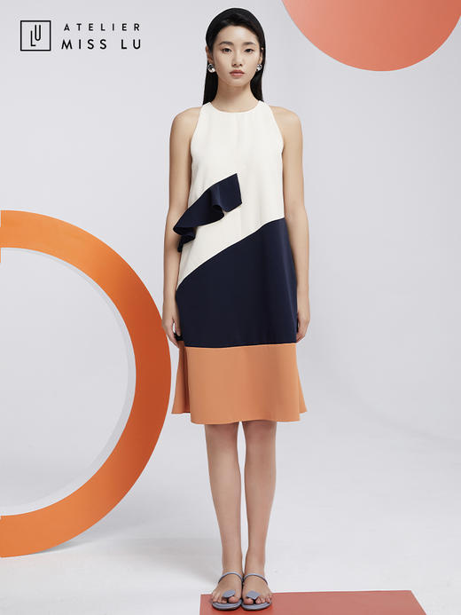 AtelierMissLu—蓝白橘撞色趣味无袖连身裙/0000601 商品图4