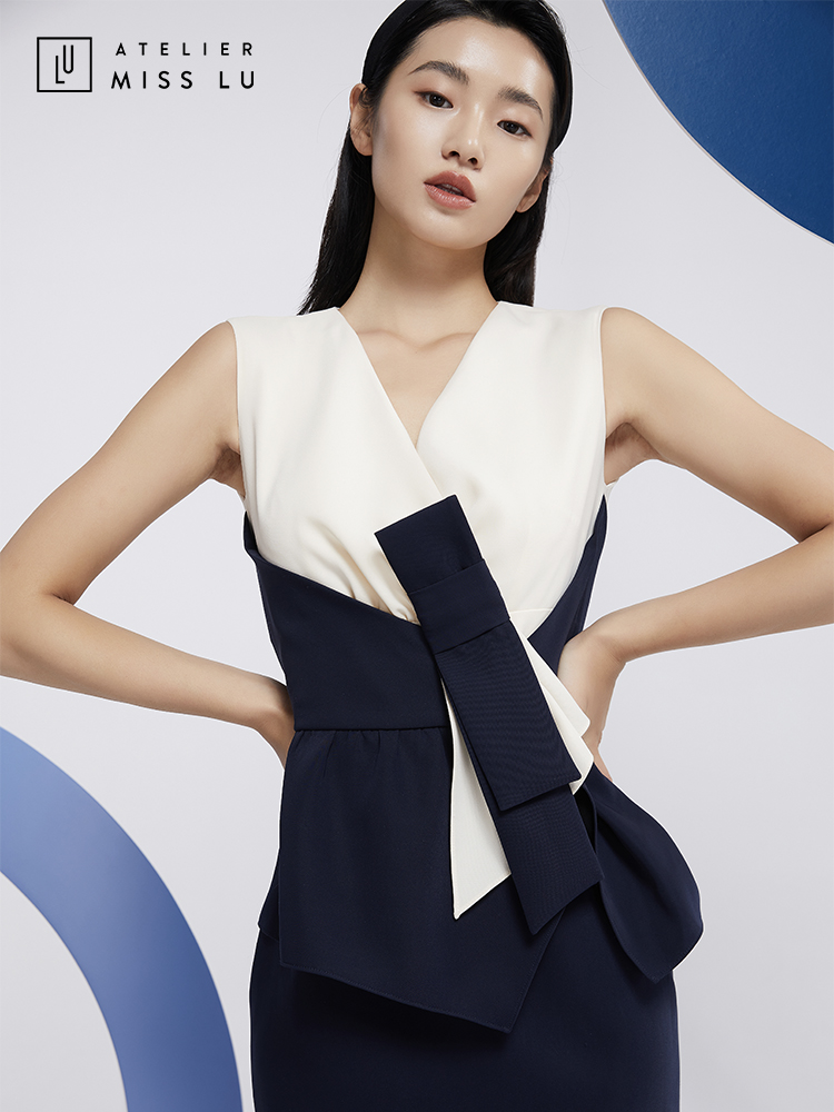 AtelierMissLu—藏青拼白腰结设计感连身裙/0000581