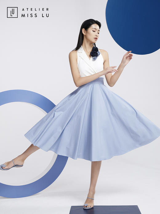 AtelierMissLu—蓝白拼色花朵装饰复古连身裙/0000608 商品图0