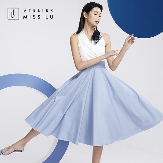 AtelierMissLu—蓝白拼色花朵装饰复古连身裙/0000608 商品图0
