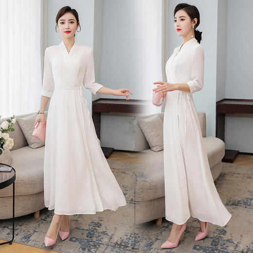 LF-LF9381(网红同款茶服)气质女神范收腰白色仙气古风连衣裙 商品图0
