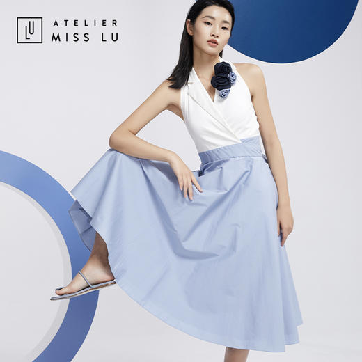 AtelierMissLu—蓝白拼色花朵装饰复古连身裙/0000608 商品图4