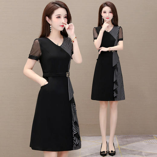 MQ-1227-2016夏新款韩版时尚中长款短袖V领高腰显瘦a字裙YY 商品图2