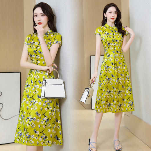 ASE-气质优雅真丝印花修身连衣裙 商品图1