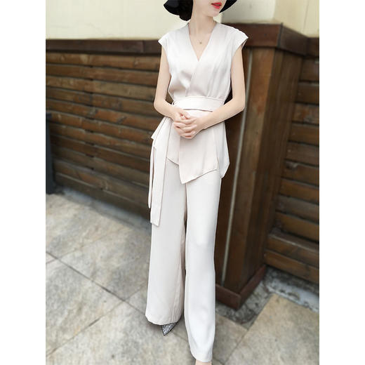 ALF-纯色短袖系带女神范名媛气质阔腿裤两件套 商品图3