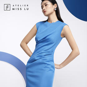 AtelierMissLu—复古蓝褶皱合领连身裙/0000612A