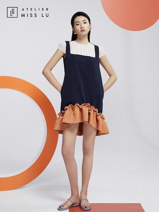 AtelierMissLu—蓝橘撞色趣味下摆连身裙/0000605 商品图2
