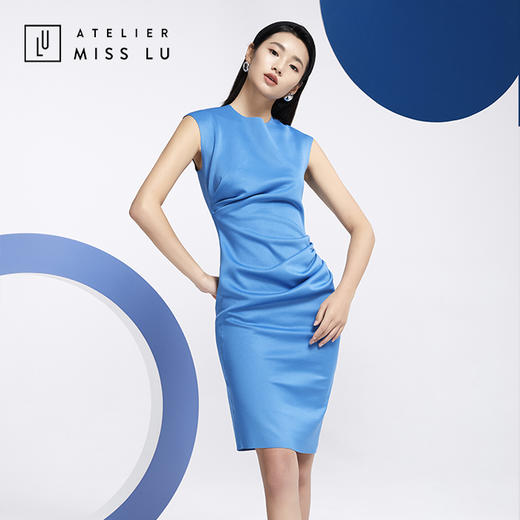 AtelierMissLu—复古蓝褶皱合领连身裙/0000612A 商品图5