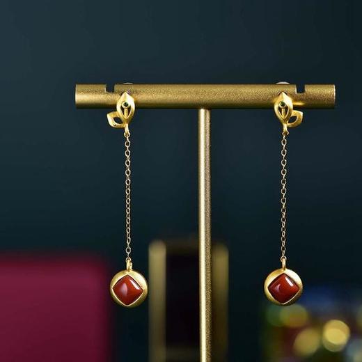 HTY-se4939复古风925纯银镀金方形镶嵌南红耳环 商品图1