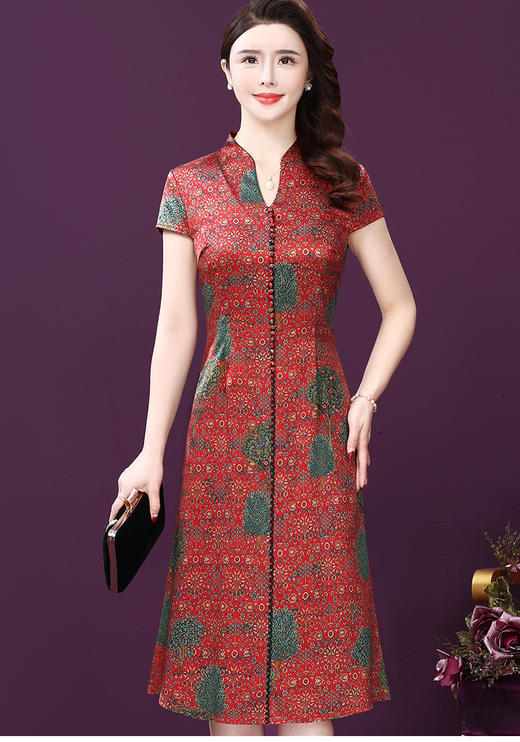 WXY-W-HF-023X新品中长款复古中国风碎花贵夫人真丝连衣裙 商品图2