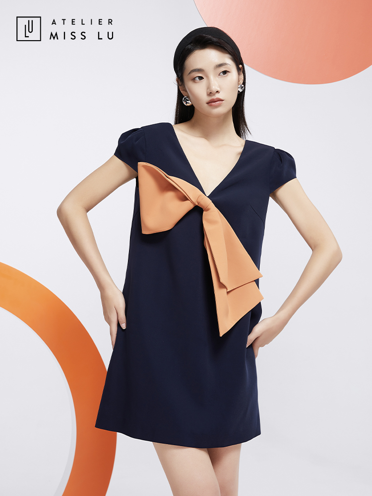 AtelierMissLu—蓝橘撞色大蝴蝶结连身裙/0000606