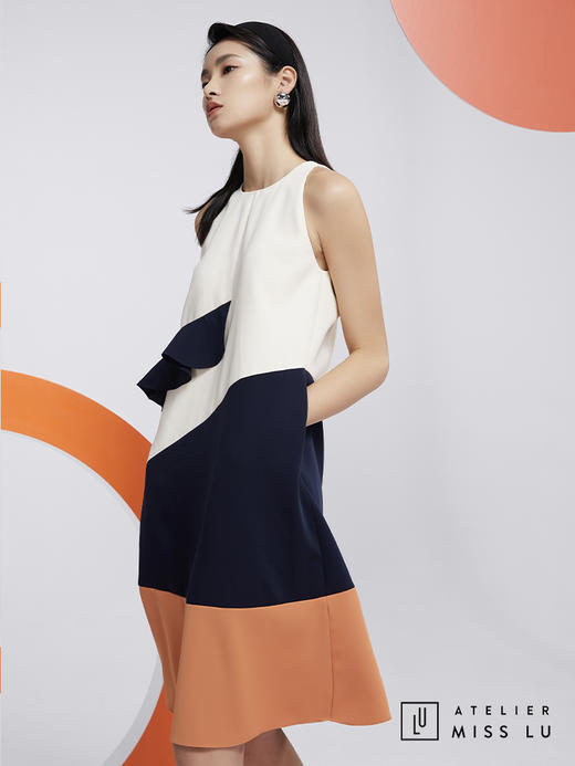 AtelierMissLu—蓝白橘撞色趣味无袖连身裙/0000601 商品图1