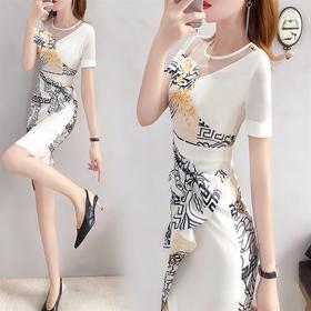 ALF-中国风印花新款短袖包臀收腰气质复古连衣裙