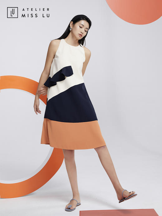 AtelierMissLu—蓝白橘撞色趣味无袖连身裙/0000601 商品图0
