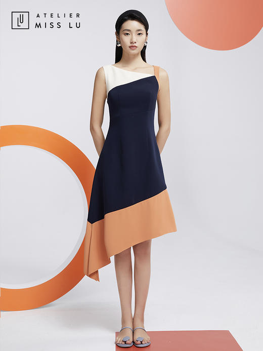 AtelierMissLu—蓝白橘撞色不规则连身裙/0000599 商品图1