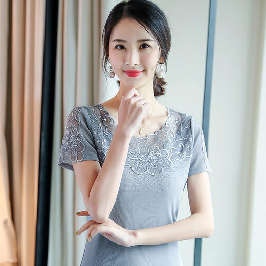 ZZ-LA96977新款网纱打底短袖女圆领蕾丝性感洋气小衫 商品图0