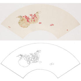 张莉莉没骨画工笔花鸟白描底稿-石榴扇面小品-ZA44