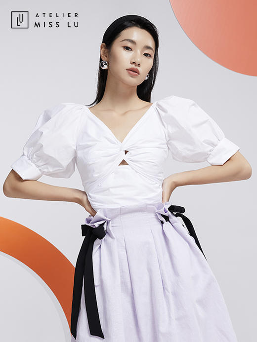 AtelierMissLu—白色泡泡袖露背短衬衣/00157 商品图0