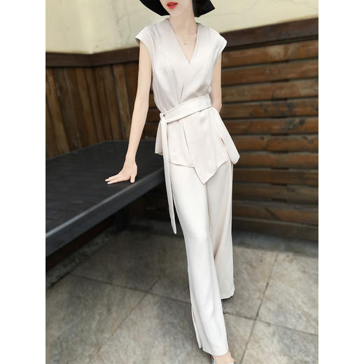 ALF-纯色短袖系带女神范名媛气质阔腿裤两件套 商品图2