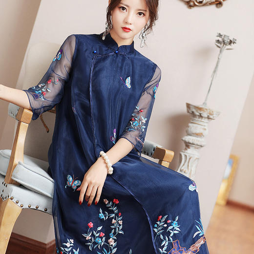 OGFY-99403新品复古中国风重工刺绣大码中长款连衣裙 商品图0