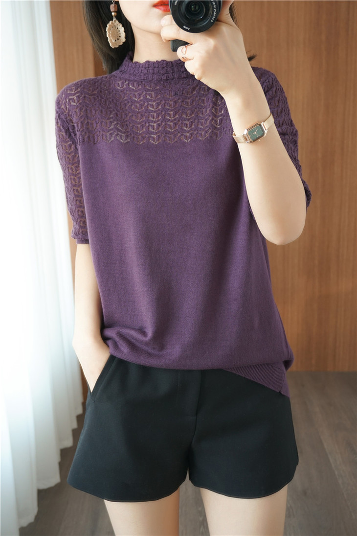 ht63402020夏装新款针织短袖t恤女镂空半高领气质韩版百搭宽松半袖
