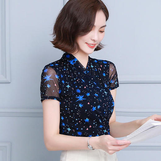 KQL-A50N2015印花V领网纱短袖百搭大码弹力上衣 商品图0