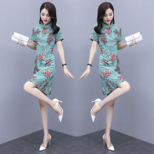 WZNH-QY20571夏季时尚立领盘扣收腰显瘦印花复古连衣裙 商品图2