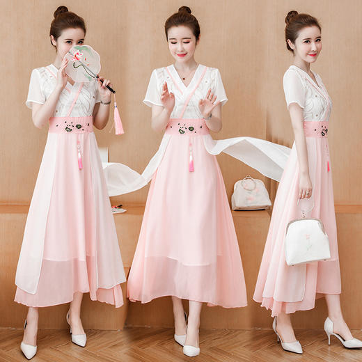 LF-MD723文艺古风收腰刺绣V领雪纺连衣裙 商品图4