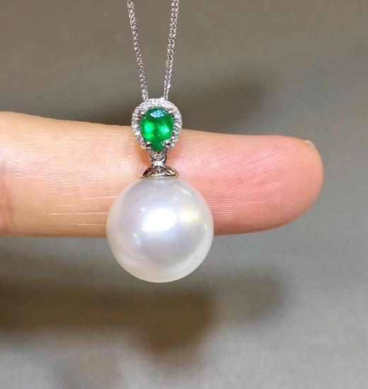 天然澳白珍珠套装18k金钻石祖母绿镶嵌吊坠1314mm正圆强光微微暇耳环