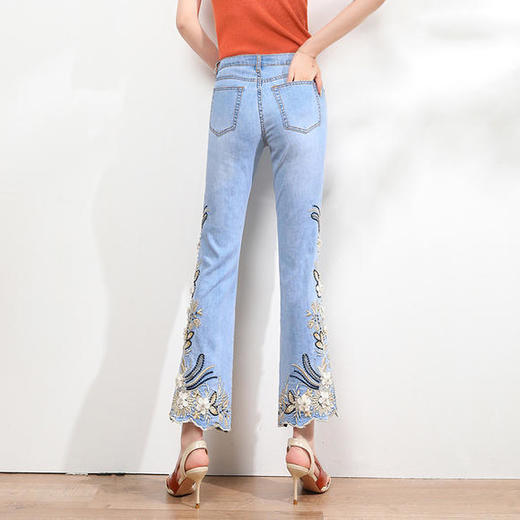 YHFZ2-695新款刺绣花钉珠微喇九分牛仔裤 商品图2