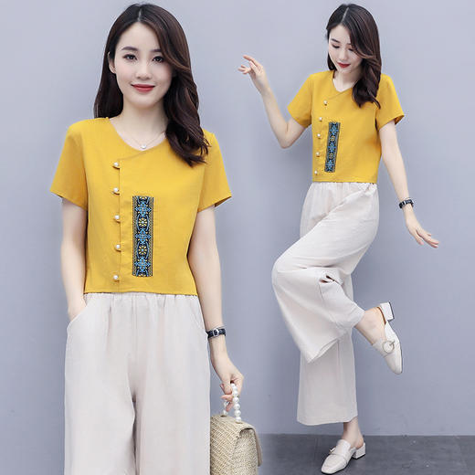WZNH-XX2360休闲文艺珠子短袖名族风刺绣阔腿裤两件套 商品图3