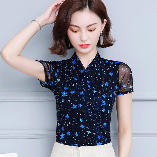 KQL-A50N2015印花V领网纱短袖百搭大码弹力上衣 商品图2