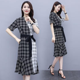 WZNH-QY20561（配腰带）夏季时尚拼接色方格连衣裙