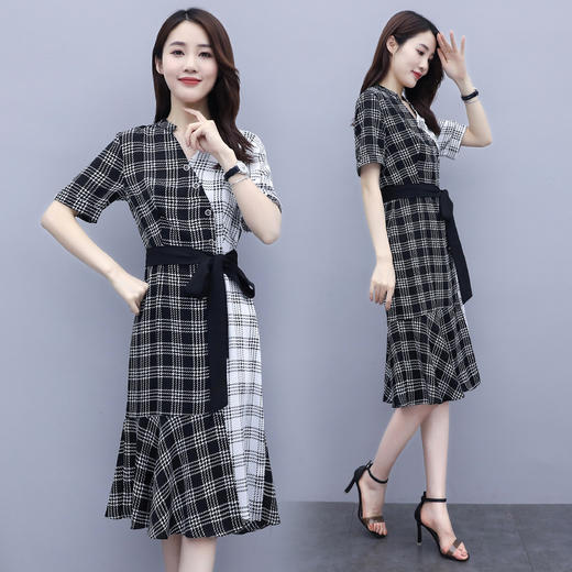 WZNH-QY20561（配腰带）夏季时尚拼接色方格连衣裙 商品图0