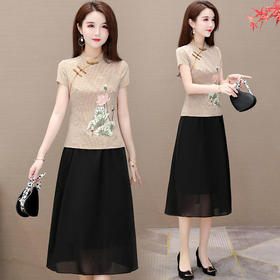 YWE-N905文艺复古气质大码两件套装连衣裙