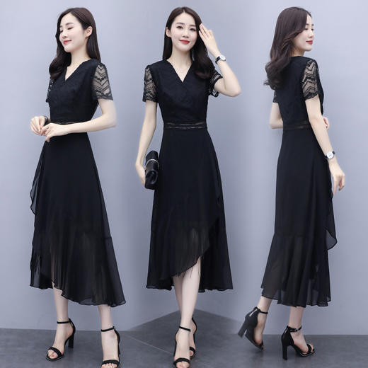 WZNH-ANY211夏季长款气质优雅时尚V领连衣裙 商品图1