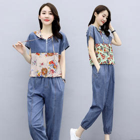 WZNH-GJC2090轻薄新款时尚休闲真丝印花雪纺拼接牛仔套装